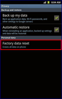 Privacy, Factory Data Reset